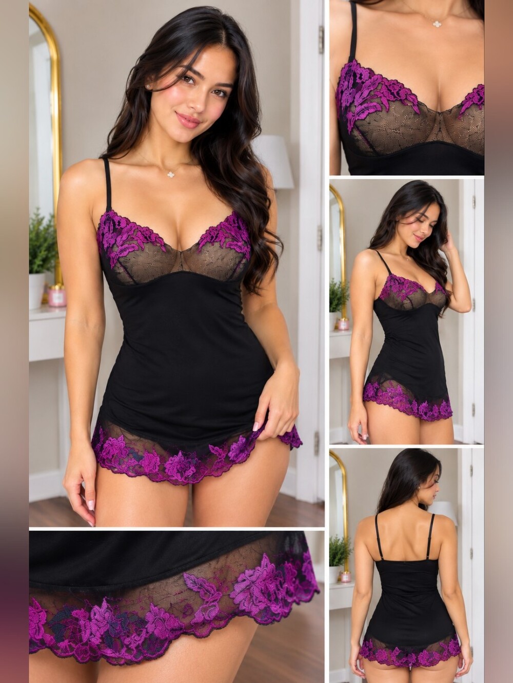 LA VIE EN ROSE Black & Purple Lace Chemise nightware | Medium